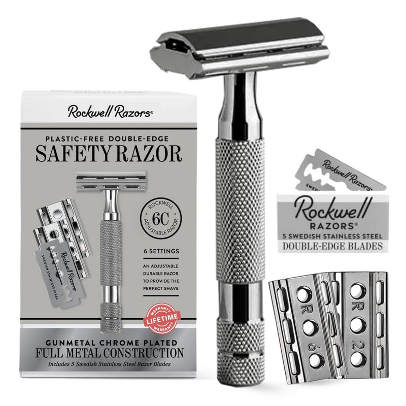 ROCKWELL RAZORS 6C Gunmetal Chrome Safety Razor With 6 Adjustable Shave Settings and 5 Fully Recyclable Razor Blades. Reusable Safety Razors for Men and Women. - Image 1